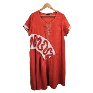 Peacock Ways Linen Lagenlook Casual Dress Sz Large Orange Artsy Folksy Modest